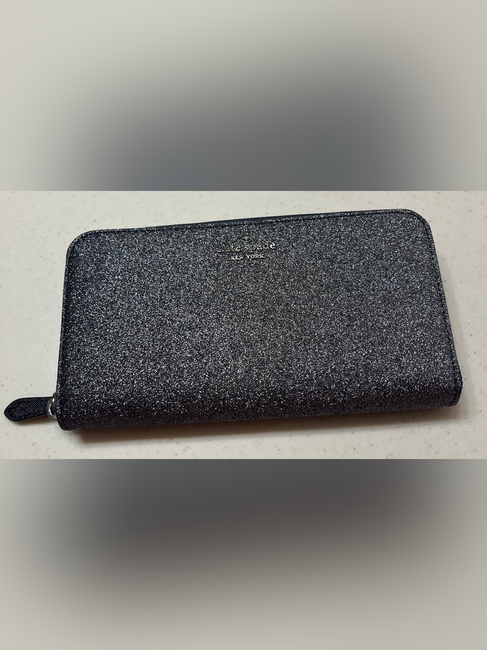 Kate Spade Blue Silver Glitter Large Continental Zip Around Wallet
